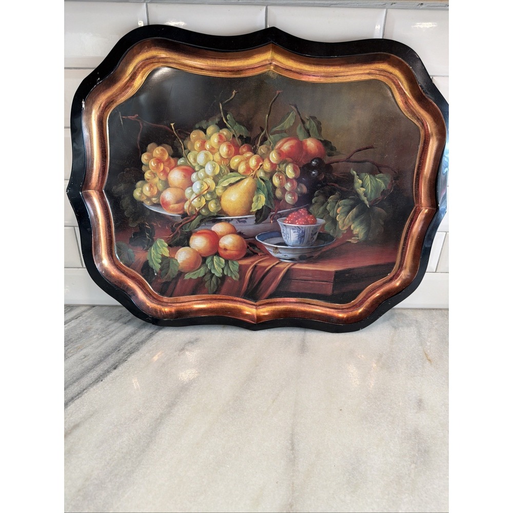 Vintage Tole Style Black Metal Tray Spanish Fruits Gold Trim GWB002